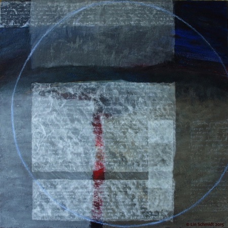Temps - Corbeau Rouge, 80 x 80 cm, an abstract encaustic painting by Lin Schmidt